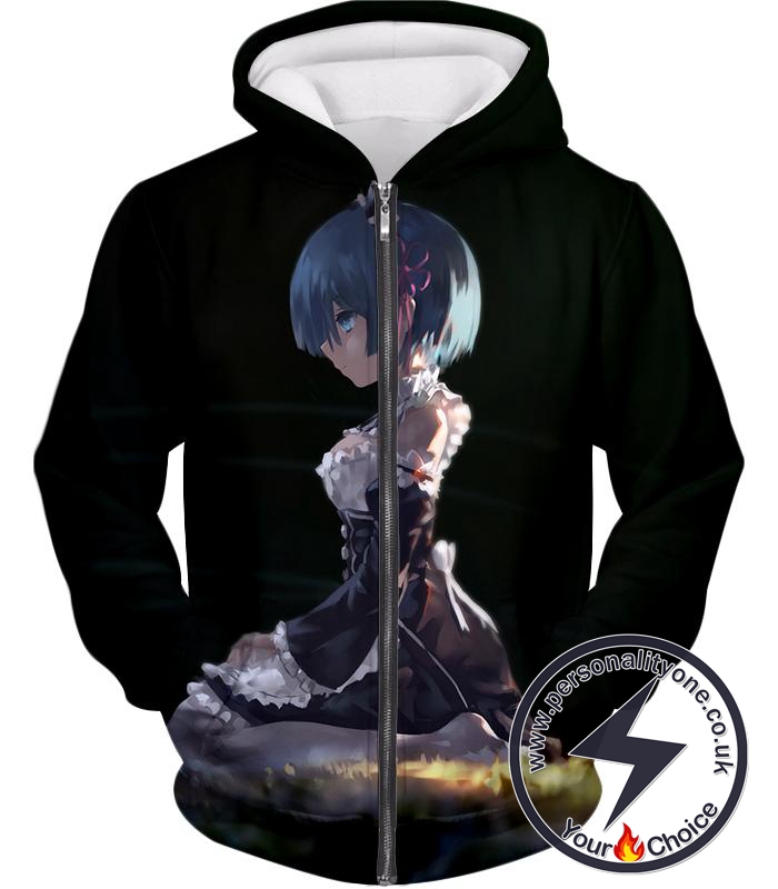 Re:Zero Perfect Anime Maid Rem Cute Black Zip Up Hoodie